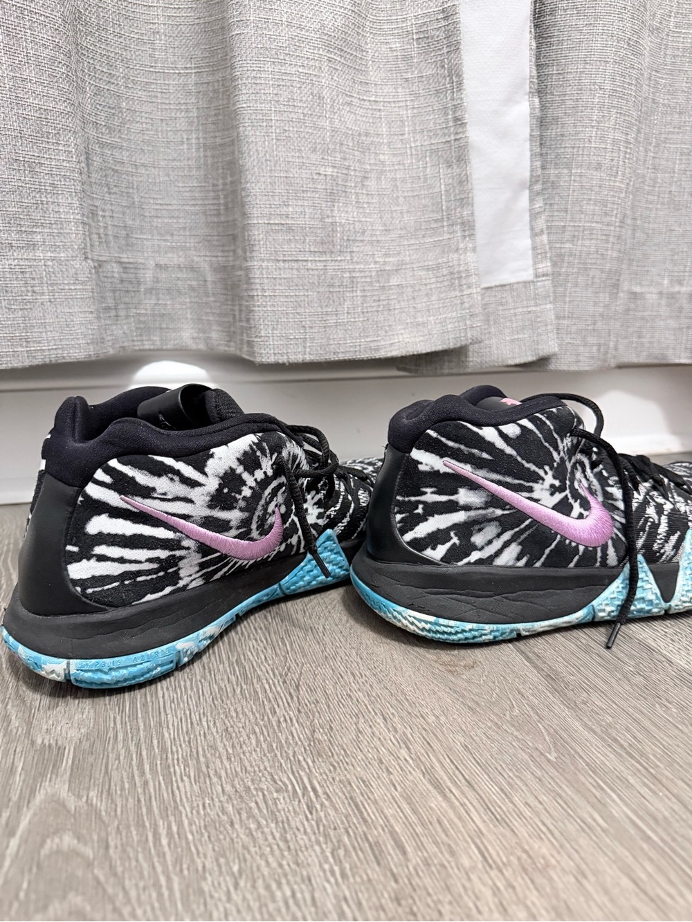 Nike Women's Black Tie-Dye Basketball Sneakers with Pink Swoosh and Blue Accents